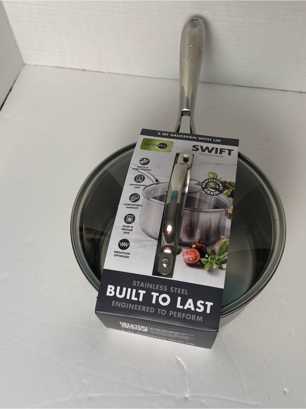 New- GreenPan Swift 2-Qt Stainless Steel Saucepan with Glass Lid
